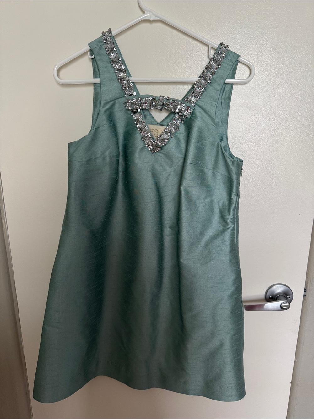 Light Green Satin V-Neck Jewel Trim Formal Dress
